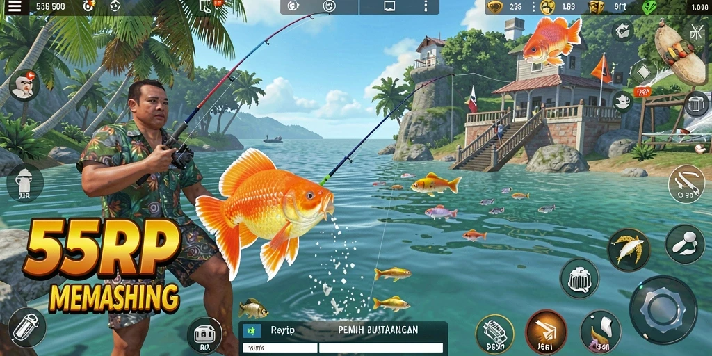 Screenshot 55RP menampilkan aksi memancing seru dengan ikan berwarna-warni.