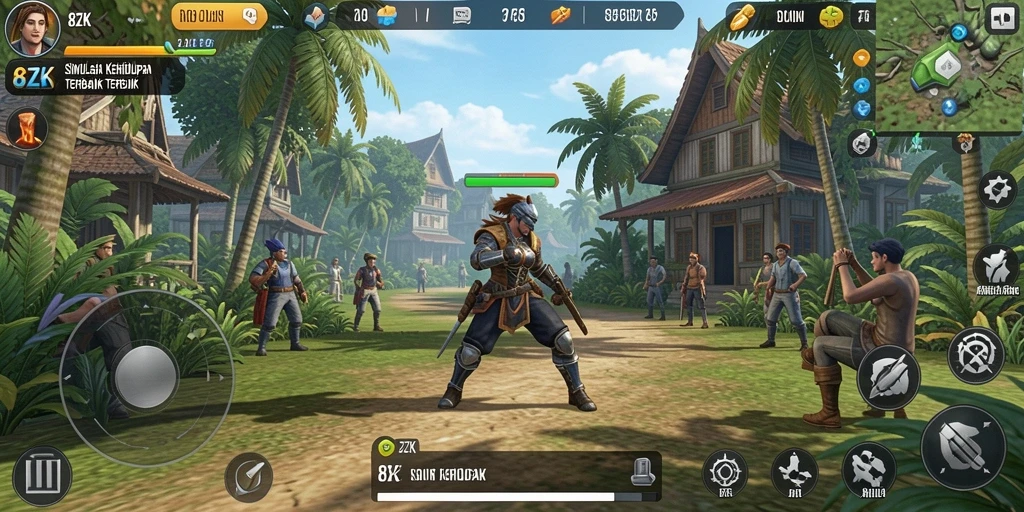 Screenshot gameplay 8ZK menunjukkan karakter dan dunia virtual yang cerah.
