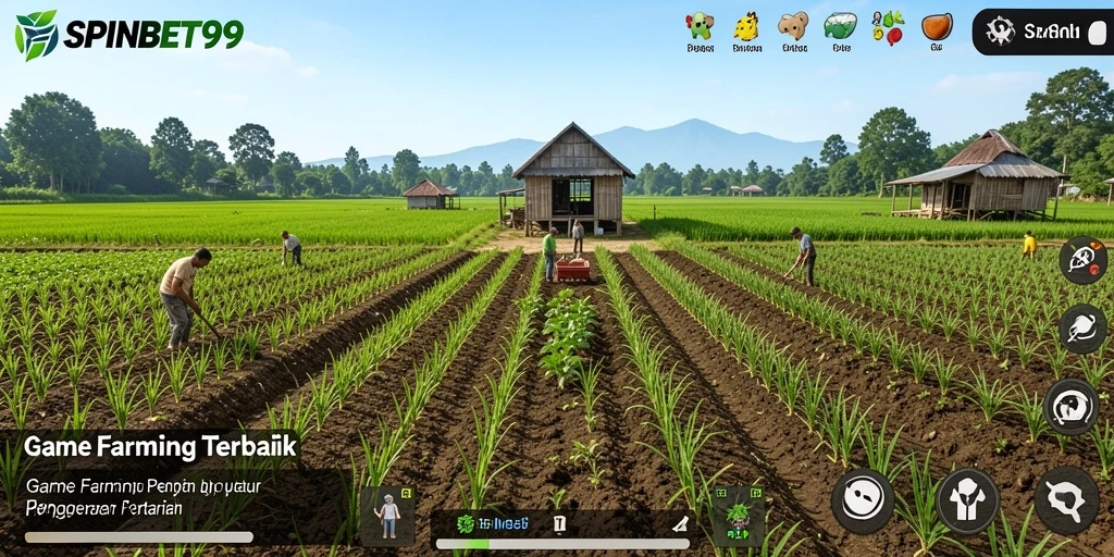 Screenshot gameplay SPINBET99 menunjukkan aktivitas pertanian yang seru.
