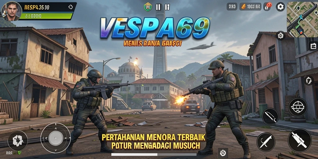 Tampilan gameplay VESPA69 yang mendebarkan saat melawan gelombang musuh.