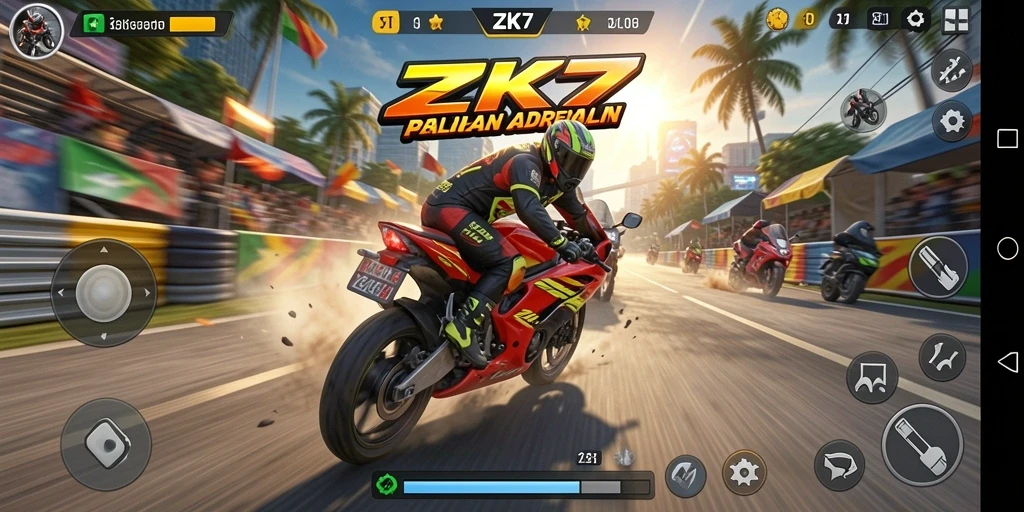 Screenshot gameplay ZK7 menampilkan balapan motor yang seru.